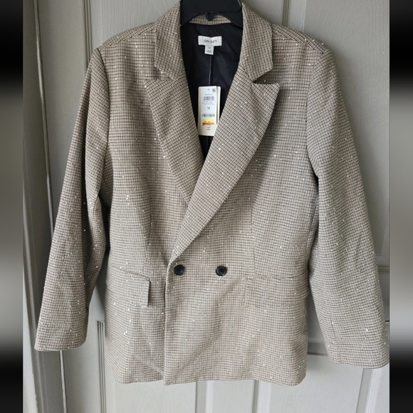 $99 On-34th New Sequin Plaid Blazer Jacket 14 Women Beige Twill Elegant Glitter - Picture 5 of 12